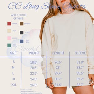 The image is a collage of various images, including a close-up of a woman wearing a white long-sleeved shirt, along with size and sleeve length charts.