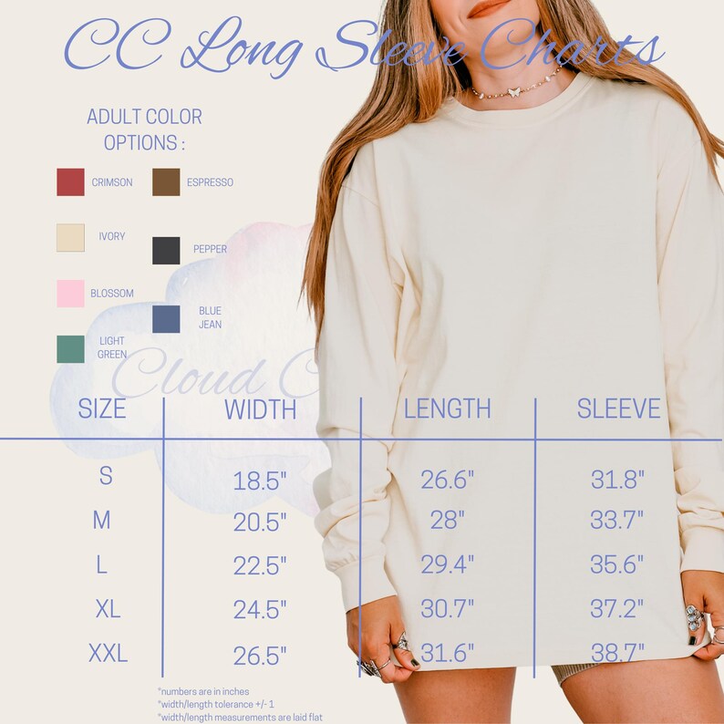 The image is a collage of various images, including a close-up of a woman wearing a white long-sleeved shirt, along with size and sleeve length charts.