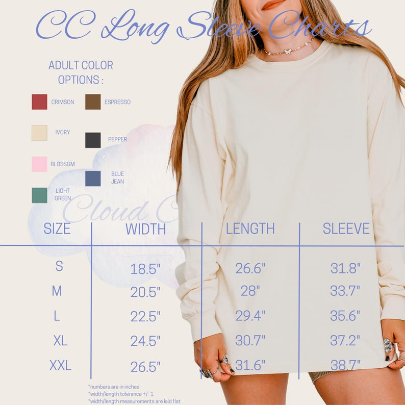 The image is a collage of various images, including a close-up of a woman wearing a white long-sleeved shirt, along with size and sleeve length charts.