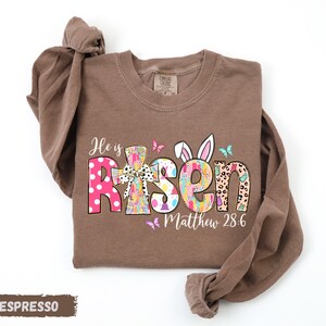 A brown t-shirt with a colorful Easter-themed design, including the text "He is Risen" and "Matthew 28:6".