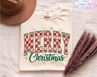 Comfort Colors® Checkered Merry Christmas Shirt, Retro Merry Christmas Shirt, Christmas Party Shirt, Xmas Holiday Shirt, Family Xmas Shirt