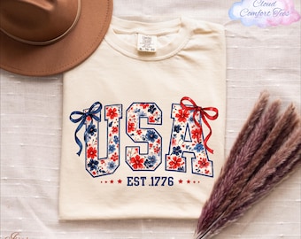 Comfort Colors® USA Est. 1776 Shirt, Floral USA Shirt, American Long Sleeve, Retro 4th of July Shirt, Freedom Day Apparel, Patriotic Shirt