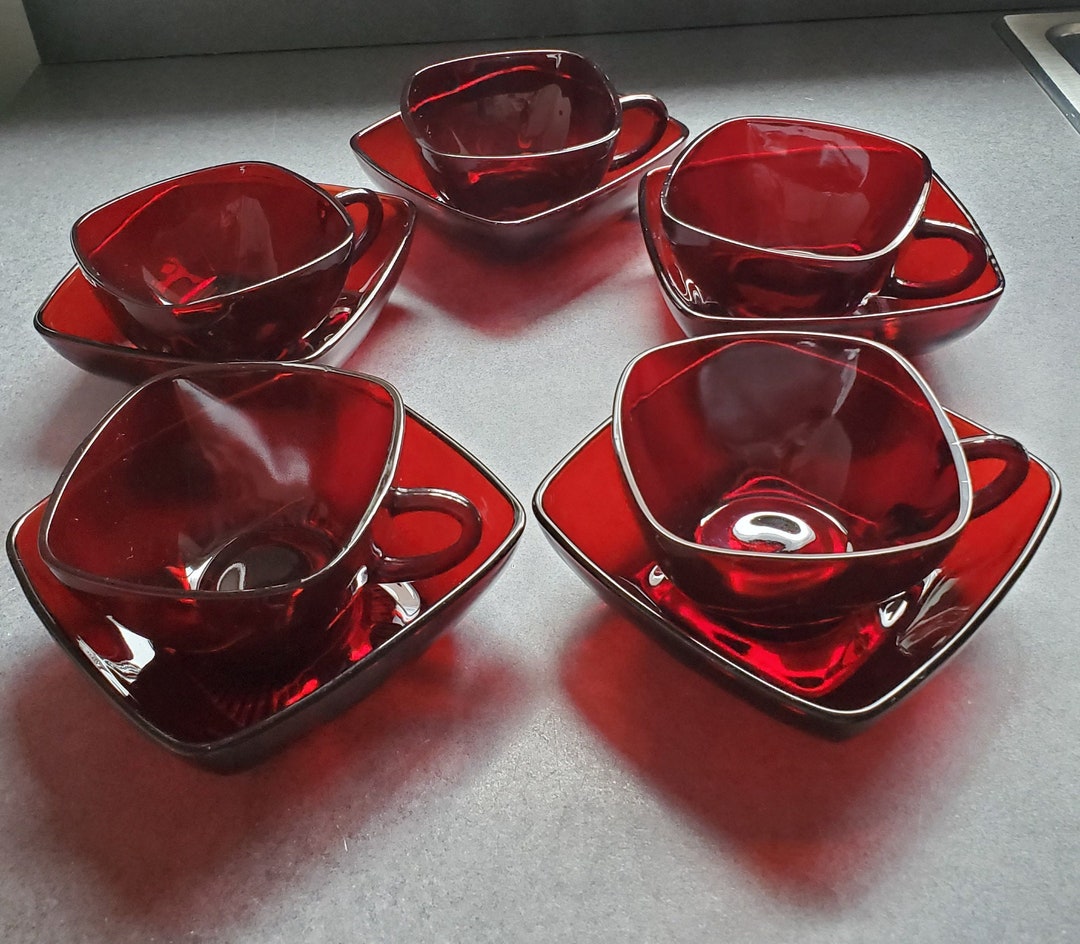 Anchor Hocking Royal Ruby Square Cups and Saucers Etsy