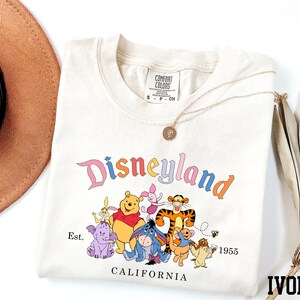 A white t-shirt with a Disneyland graphic and text, along with a brown hat and a fan, all placed on a white background.