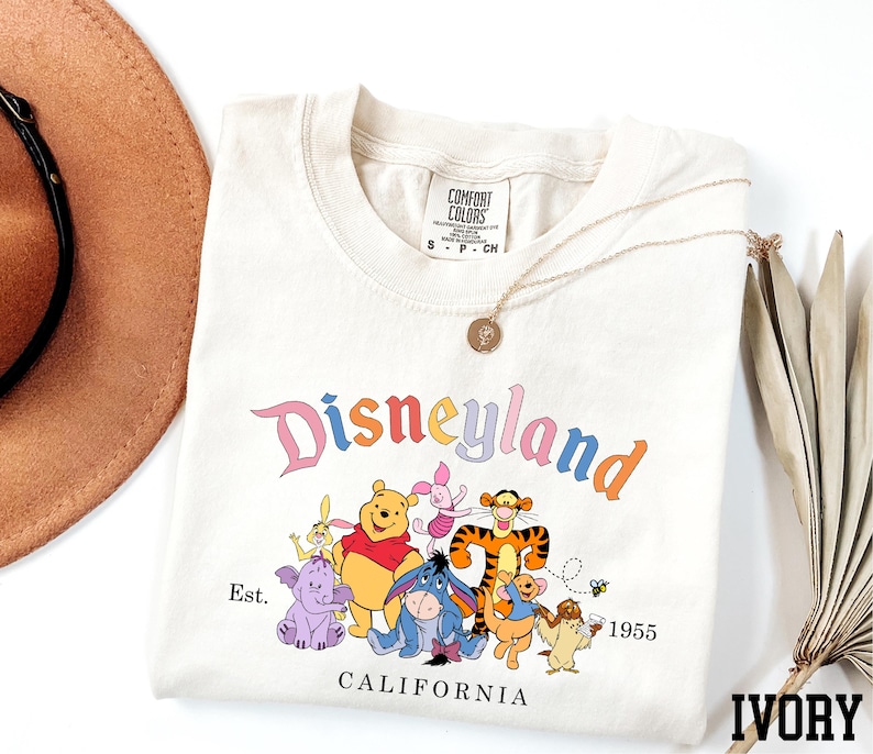 A white t-shirt with a Disneyland graphic and text, along with a brown hat and a fan, all placed on a white background.