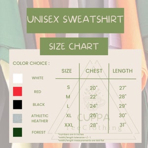 May include: Unisex sweatshirt size chart with color choices: white, red, black, athletic heather, and forest. The chart shows sizes S, M, L, XL, and XXL with corresponding chest and length measurements in inches.