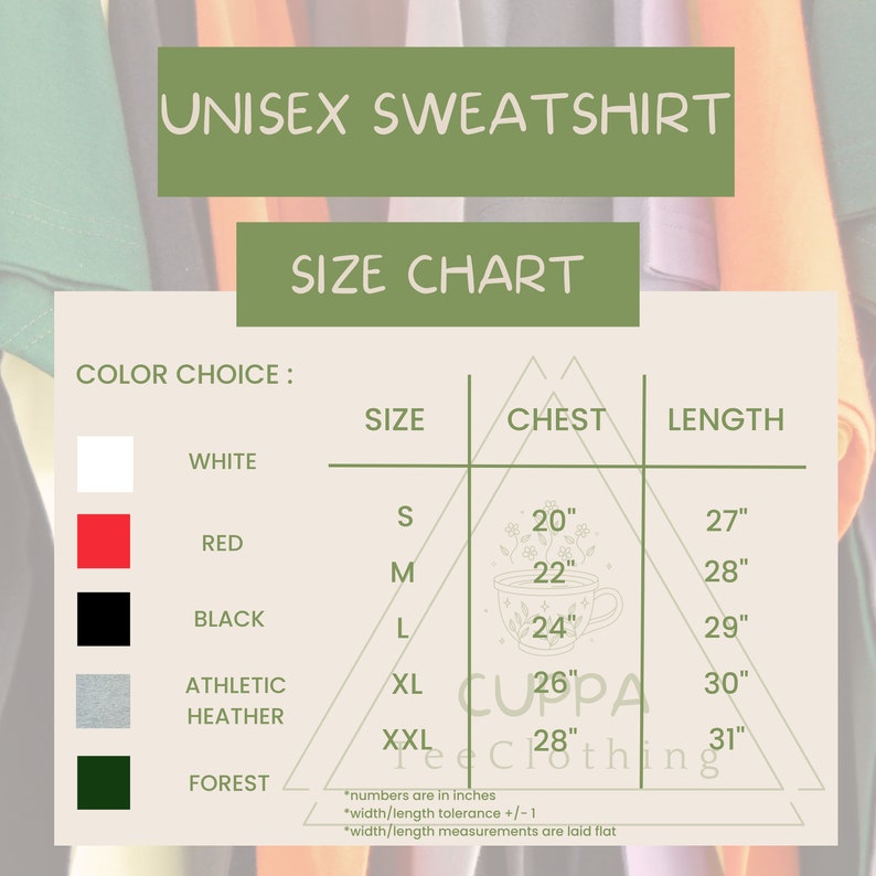 May include: Unisex sweatshirt size chart with color choices: white, red, black, athletic heather, and forest. The chart shows sizes S, M, L, XL, and XXL with corresponding chest and length measurements in inches.