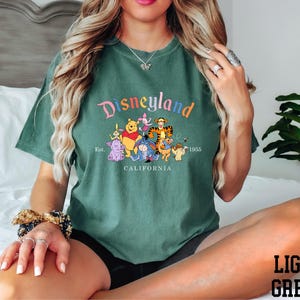 A woman wearing a green t-shirt with a Disneyland graphic and text, sitting on a bed with a potted plant in the background.
