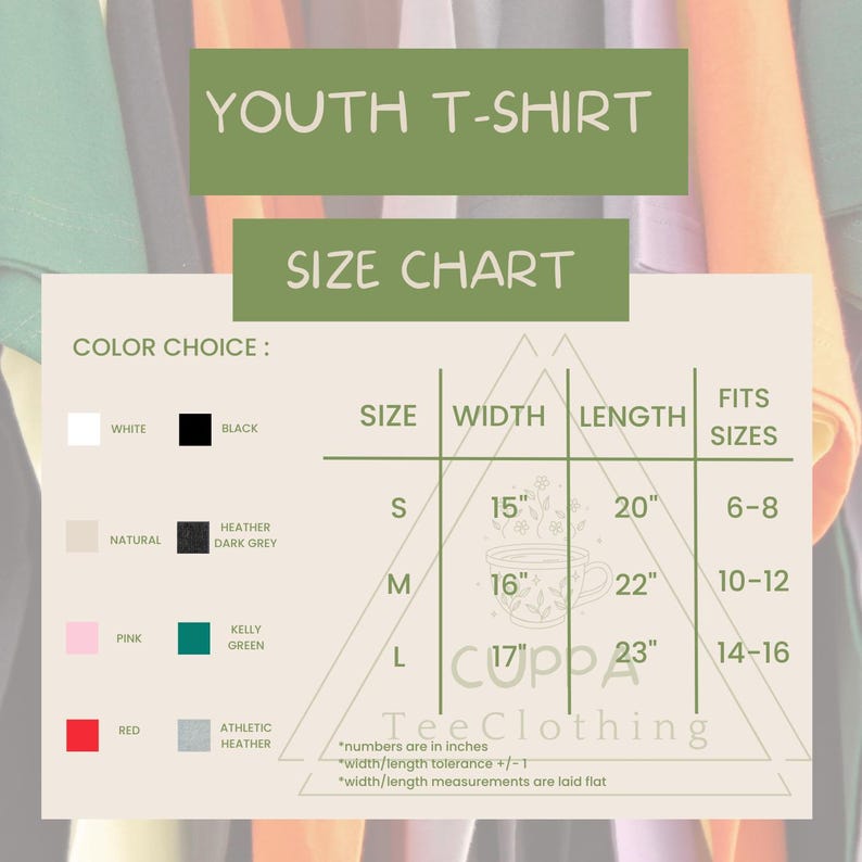 a t - shirt size chart for a youth's t - shirt