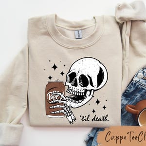 Sudadera Dr Pepper Till Death, Sudadera Dr Pepper Esqueleto, Sudadera para amantes de los refrescos, Sudadera divertida de refrescos, Sudadera de esqueleto