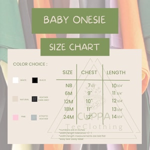 May include: Size chart for baby onesies in various colors, including white, natural, pink, black, heather dark grey, and athletic heather. The chart shows sizes from newborn to 24 months, with corresponding chest and length measurements in inches.