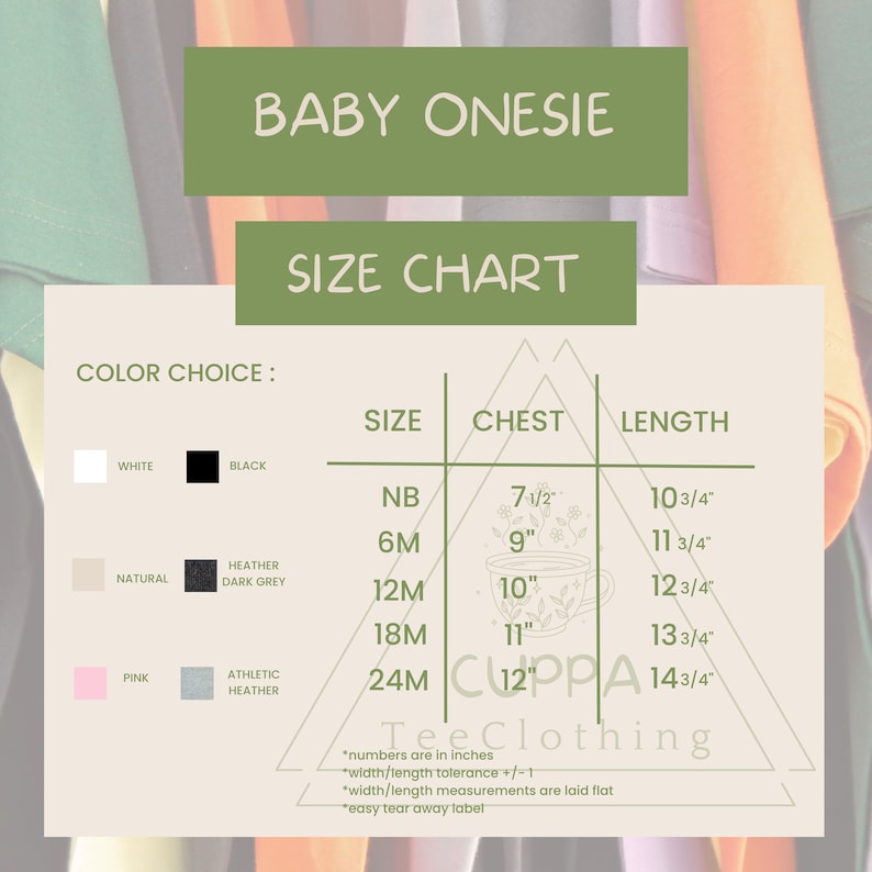May include: Size chart for baby onesies in various colors, including white, natural, pink, black, heather dark grey, and athletic heather. The chart shows sizes from newborn to 24 months, with corresponding chest and length measurements in inches.