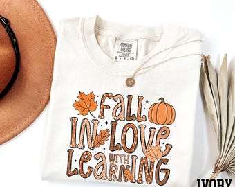 Comfort Colors® Fall In Love With Learning Shirt, Fall Teacher Shirt, Thanksgiving Shirt, Pumpkin Season Tee, Autumn Shirt, Fall Vibes Shirt