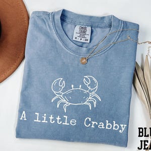 A blue t-shirt with a white crab design and the text "A little Crabby" printed on it, along with a necklace and a brown hat.