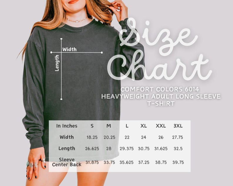 a woman wearing a black long-sleeved shirt, with a size chart displayed on the image.