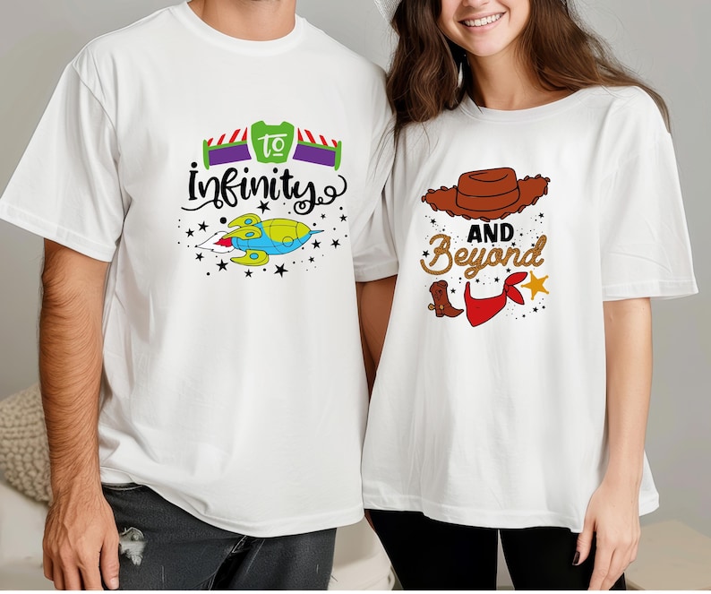 a man and a woman wearing matching tshirts