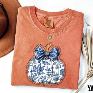 a red t-shirt with a blue and white floral pumpkin design, a brown hat, and a fan, all arranged on a white background.