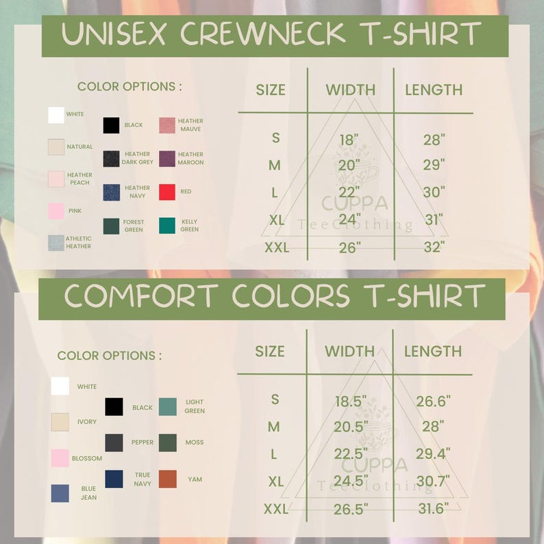 a diagram of different colors and sizes of clothing