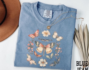Comfort Colors® Vintage Butterfly and Moth Shirt, Butterfly Lover Shirt, Butterflies and Flowers Tee, Botanical Shirt, Retro Butterfly Shirt