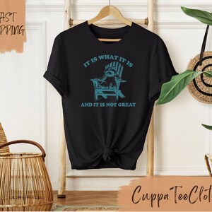 May include: Black t-shirt with a blue graphic of a raccoon sitting in a chair. The text "IT IS WHAT IT IS AND IT IS NOT GREAT" is printed on the shirt.