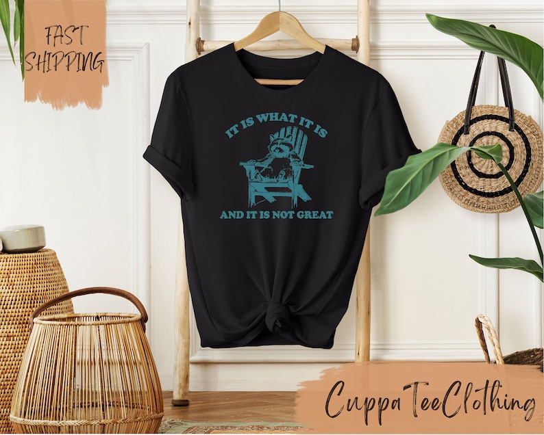 May include: Black t-shirt with a blue graphic of a raccoon sitting in a chair. The text "IT IS WHAT IT IS AND IT IS NOT GREAT" is printed on the shirt.