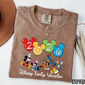 A t-shirt with a Disney-themed design, featuring Mickey Mouse and other Disney characters, along with the text "Disney Family Vacation".