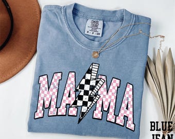 Comfort Colors® Retro Mama Shirt, Checkered Mama Shirt, Lightning Bolt Mama Shirt, Vintage Mama Shirt, Mothers Day Gift, New Mom Shirt