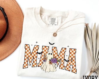 Comfort Colors® Halloween Mama Shirt, Checkered Mama Shirt, Halloween Ghost Tee, Floral Ghost Mama Tee, Spooky Mama Shirt, Gift for Mom