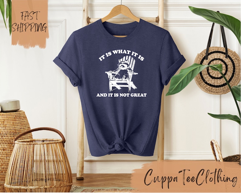 May include: A navy blue t-shirt with a white graphic of a raccoon sitting in a chair. The text "It is what it is and it is not great" is printed on the shirt.