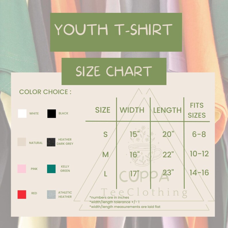 a t - shirt size chart for a youth's t - shirt