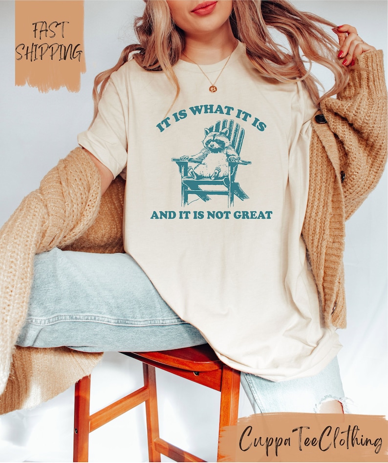 May include: A white t-shirt with a blue graphic of a raccoon sitting in a chair. The text "IT IS WHAT IT IS" is above the raccoon and the text "AND IT IS NOT GREAT" is below the raccoon.