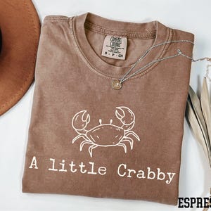 A brown t-shirt with a white crab design and the text "A Little Crabby" printed on it, along with a necklace and a hat.