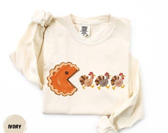 Pumpkin Pacman Long Sleeve, Turkey Tee, Funny Thanksgiving Long Sleeve, Comfort Colors® Thanksgiving Gift, Pumpkin Season Long Sleeve