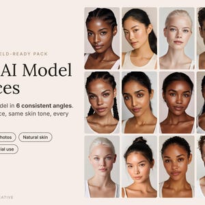 KI-Modell-Gesichtspaket, 50 realistische KI-Modelle aus 6 Perspektiven, Higgsfield-Referenzfotos, KI-Influencer-Kit, diverse Beauty-Porträts