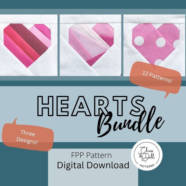 Hearts Bundle  fpp pattern | FPP pattern | Paper Piecing | FPP | fpp Heart pattern | fpp Patterns | Heart Quilt Pattern | Scrappy Heart