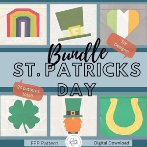May include: A digital download bundle of 24 St. Patrick's Day quilt patterns. The patterns include a rainbow, leprechaun hat, shamrock, leprechaun, and horseshoe. The bundle is available as a digital download and includes six different designs.