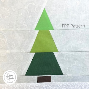 May include: A green and brown patchwork Christmas tree quilt block with the text "FPP Pattern" in white.