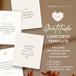 Gratitude Card Deck Canva Template | Gratefulness Affirmation Quote Activity Journal Prompt | Spiritual Life Wellness Coach | Commercial Use