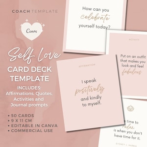 Pink Self Love Self Care Card Deck Canva Template | Commercial Use Coaching Templates | Journal Prompts Affirmations Quotes Activities