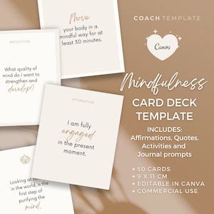 Mindfulness Card Deck Canva Template | Affirmation Quote Activity Journal Prompt | Spiritual Life Wellness Coach | Editable Commercial Use