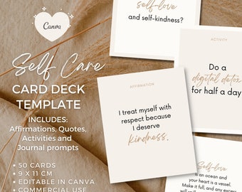 Editable Self Care Card Deck Canva Template | Affirmations Quotes Activities Journal Prompts | Wellness Life Coach Business | Commercial Use