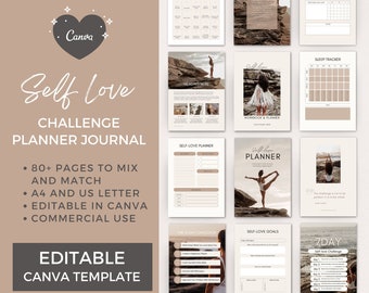 Editable Self Love Challenge Planner Journal Canva Template | Workbook Lead Magnet Life Coaching business wellness blogger | Commercial Use