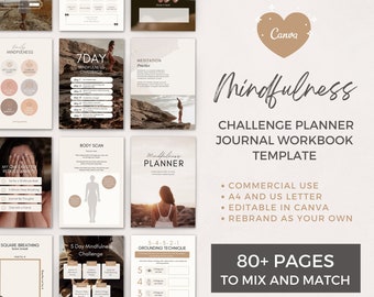 Bewerkbare Mindfulness Challenge Planner Journal Canva-sjabloon | Commercieel gebruik Werkboek Lead Magnet Coach Schepper van spirituele zakelijke inhoud