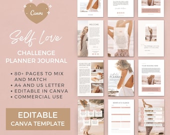 Self Love Challenge Planner Journal Editable Canva Template | wellness blogger Life Coaching business | Commercial Use Workbook Lead Magnet