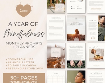 A Year of Mindfulness Canva Template | Done-for-You Coaching Template Monthly Prompts, Workbook, Planner | Spiritual Life Meditation Coaches