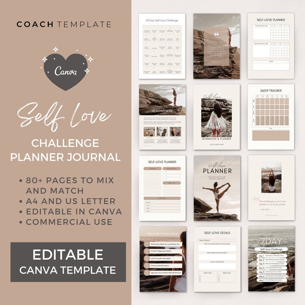 Editable Self Love Challenge Planner Journal Canva Template | Workbook Lead Magnet Life Coaching business wellness blogger | Commercial Use