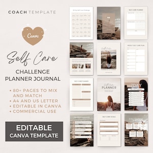 Editable Self Care Challenge Planner Journal Canva Template | Commercial Use Workbook Lead Magnet Coach Spiritual business content creator