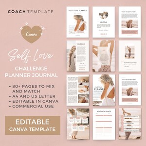 Self Love Challenge Planner Journal Editable Canva Template | wellness blogger Life Coaching business | Commercial Use Workbook Lead Magnet