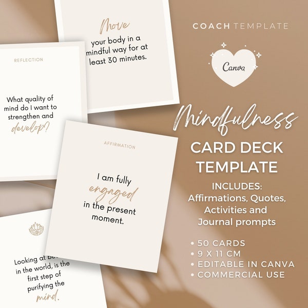 Mindfulness Card Deck Canva Template | Affirmation Quote Activity Journal Prompt | Spiritual Life Wellness Coach | Editable Commercial Use