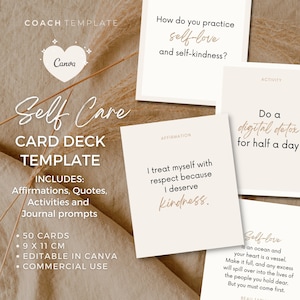 Editable Self Care Card Deck Canva Template | Affirmations Quotes Activities Journal Prompts | Wellness Life Coach Business | Commercial Use